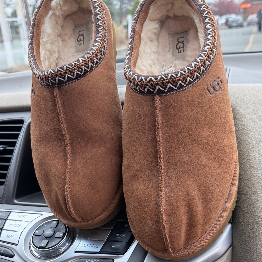 UGG Men’s Chestnut Suede Slip-On Loafers with Shearling Trim
